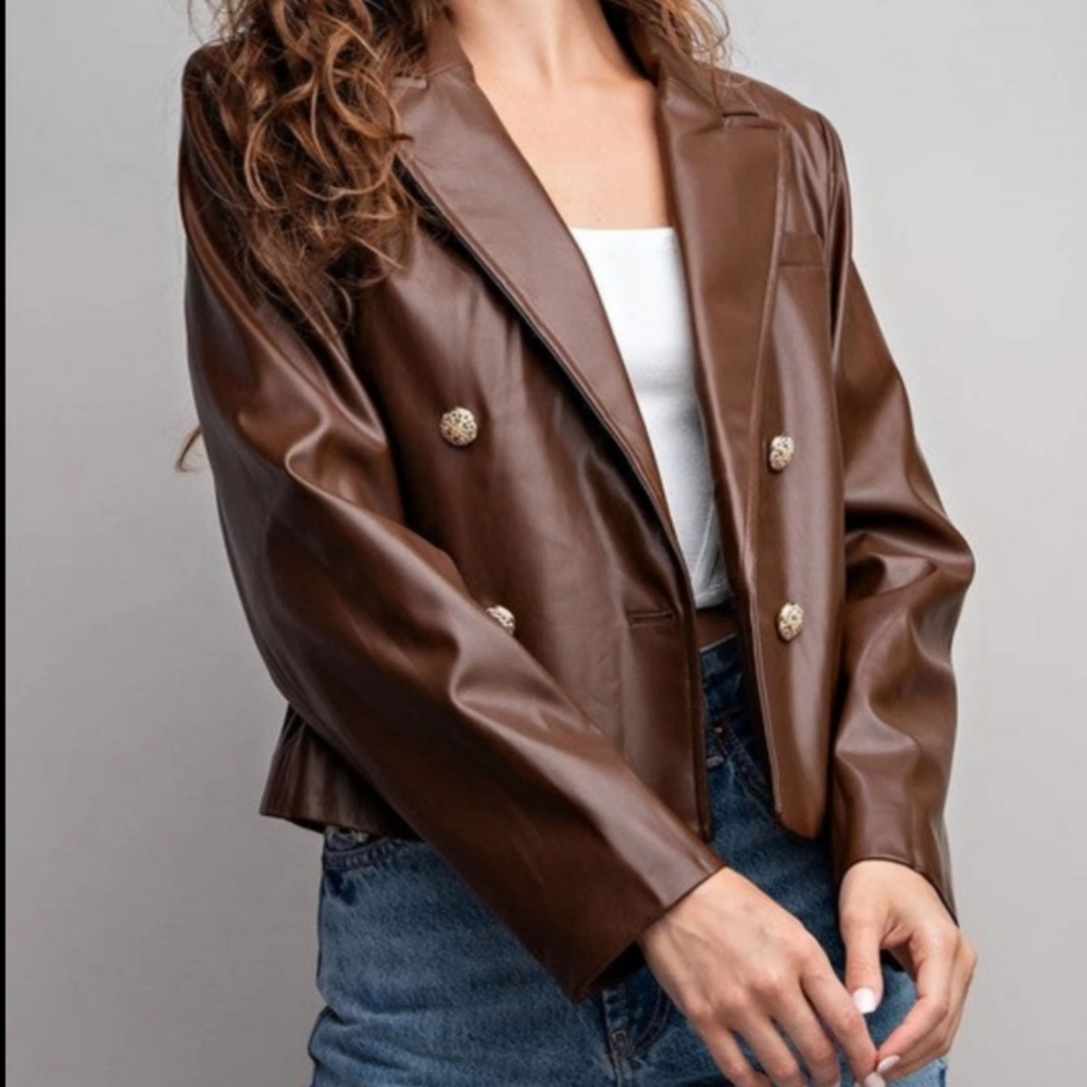 FAUX LEATHER CROPPED MOTO JACKET BROWN